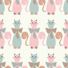 Seamless vector background with decorative cats and hearts. Bow polka dot. Print. Repeating background. Cloth design, wallpaper.