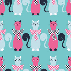 Seamless vector background with decorative cats and hearts. Bow polka dot. Print. Repeating background. Cloth design, wallpaper.
