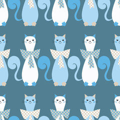 Fototapeta na wymiar Seamless vector background with decorative cats and hearts. Bow polka dot. Print. Repeating background. Cloth design, wallpaper.