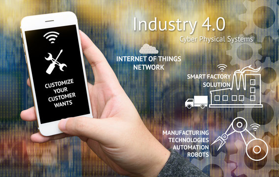 Industrial 4.0 concept. Customer holding mobile phone to customize products and icon of internet of things network , Automation robots , Smart factory with abstract binary code background