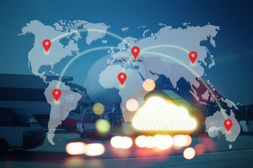 Cloud logistics concept , Transportation integration concept , Cloud binary coded icon , bokeh light and world map connection with blue tone of airplane at airport background