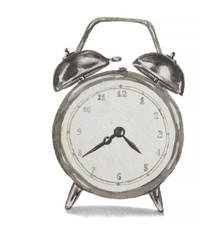 Isolated watercolor alarm clock on white background. Silver metal retro clock. Elegant business equipment with bell.