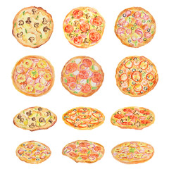 Watercolor pizza set on white background. Fresh and hot italian snack.