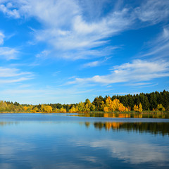 Perfekte Herbstlandschaft, farbenprächtiger Wald unter blauem Himmel spiegelt sich im Wasser eines Sees
