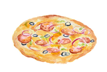 Isolated watercolor pizza on white background. Tasty italian snack or street food. Italian cuisine.