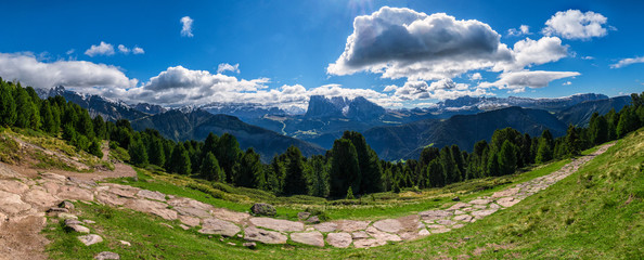 Mountain panorama with trail in Raschoetz South Tirol Italy