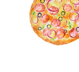 Isolated watercolor pizza on white background. Tasty italian snack or street food. Italian cuisine.