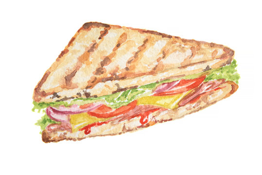 Isolated watercolor sandwich on white background. Tasty and nutricious snack with vegetables and ham. Lunch time.
