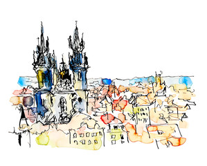 watercolor freehand sketch drawing of Prague Czech Republic top 