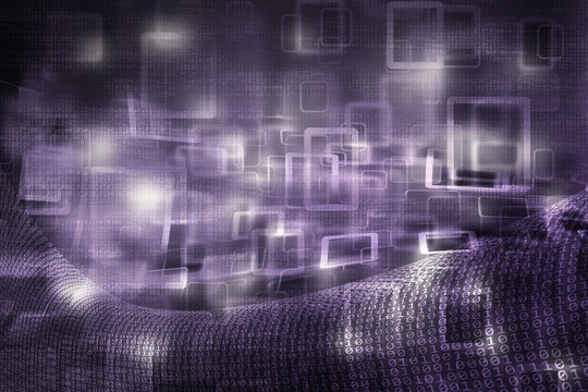 Artistic binary number data on abstract bokeh violet color light blurry background.
