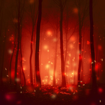 Magical red colored foggy forest with artistic fireflies light background. Magic dark red colored fairytale woodland.