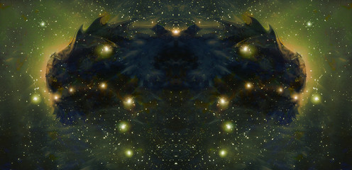 Cosmic dragon in space and stars, green cosmic abstract background.