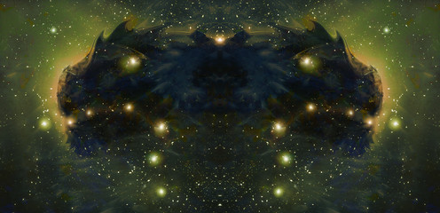 Cosmic dragon in space and stars, green cosmic abstract background.