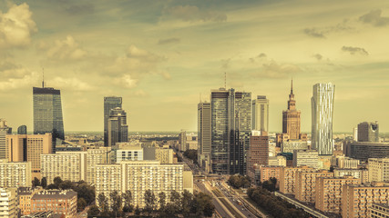 Fototapeta na wymiar Warsaw Downtown with clouds, Poland. Vintage colors
