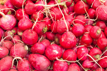 Background red radison on market. Ripe group vegetables.