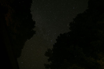 Long exposure of the stars lake and trees