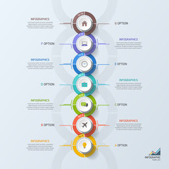 Timeline business infographic template with 7 steps, processes, parts, options. Vector illustration.