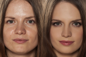 comparative portrait of women with and without makeup