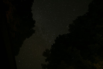 Long exposure of the stars lake and trees
