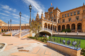 Architectural Complex of Plaza de Espana in Sevilla, Andalusia province, Spain. - obrazy, fototapety, plakaty
