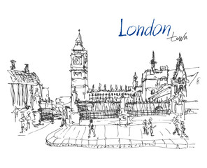 ink sketch drawing of famous place in London with hand lettering