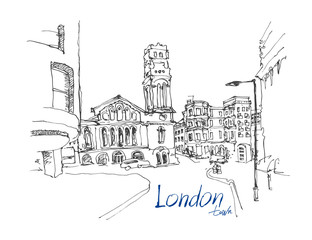 ink sketch drawing of famous place in London with hand lettering