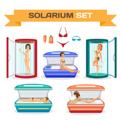 Set of woman tanning in solarium. Essential accessories. Vector