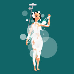 Fototapeta premium Woman below the shower bath. Young brunette girl has refreshment