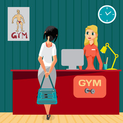 Young girl receiving clint at the reception of a gym. Woman in i