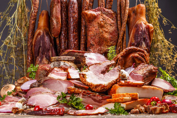 various smoked pork meat
