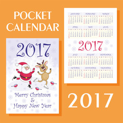 Greeting card merry Christmas and New Year with the image of funny animals and Santa Claus. Pocket calendar 2017.