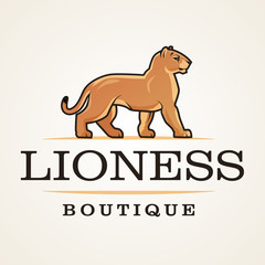 Lioness logo vector. Lion design template. Shop or boutique illustration. Big cat insignia, Cougar logotype on light background.
