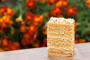 A piece of cake outdoors. Background from flowers. Close-up. Selective focus.
