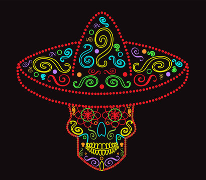 Mexican skull with sombrero, Day of the dead, neon color 
