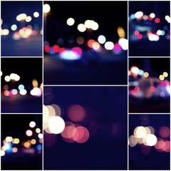 Collage of Night city street lights Bokeh background, set of colorized images