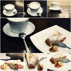 Collage cup of cafe latte and cake, set of toned images