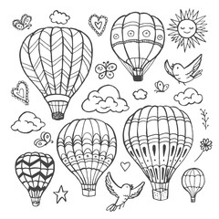 Doodle set of hot air balloons with birds, clouds, sun, butterflies