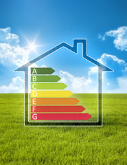 green house in the sun with energy efficiency graph - obrazy, fototapety, plakaty