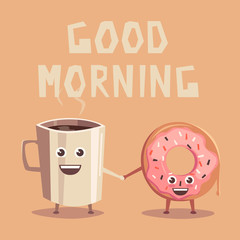 Pink donut and coffee character. Cartoon vector illustration