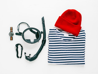 Flat lay of diving items
