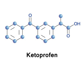 Ketoprofen is one of the propionic acid class of nonsteroidal anti-inflammatory drugs (NSAID) with analgesic and antipyretic effects. Vector molecule formula.