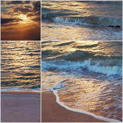 Collage of sea shots in sunset time