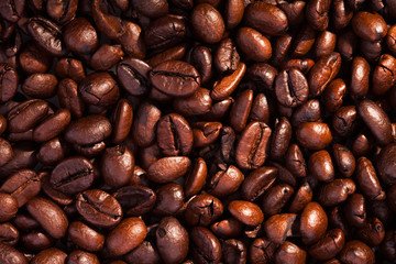 Close-up of coffee beans for background and texture - the beautiful food background