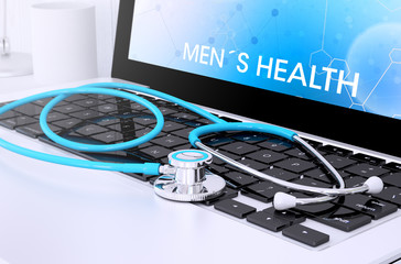 stethoscope on laptop keyboard with screen showing mens health