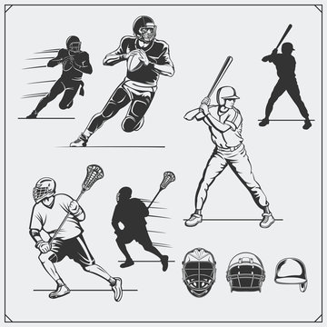 Illustration of sports players. Football, baseball and lacrosse.