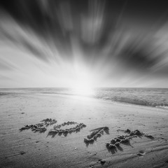 2017 on a sea beach. Monochrome