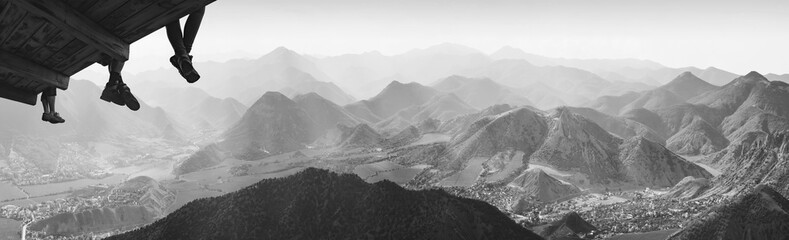 Above the mountain valley. Monochrome colors
