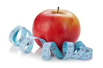 blue measure tape and red apple  isolated