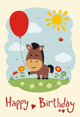 Happy birthday! Funny horse with balloon on flower meadow. Card in cartoon style.