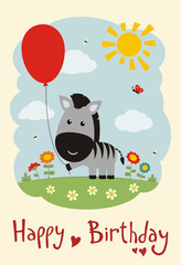 Happy birthday! Funny zebra with balloon on flower meadow. Card in cartoon style.
